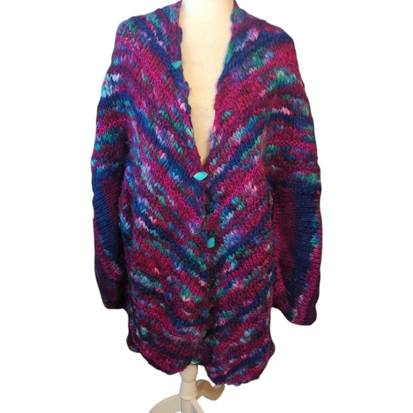 Hand knit artsy Warm oversized chunky Quality colorful plus size cardigan sz 3X - Picture 9 of 12